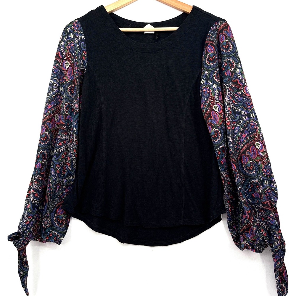 Anthropologie Akemi + Kin Top Women Small Black Paisley Whimsigoth Tie Sleeve
